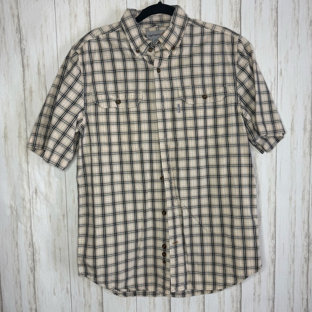 Carhartt Men's Cream and Black Plaid Shirt